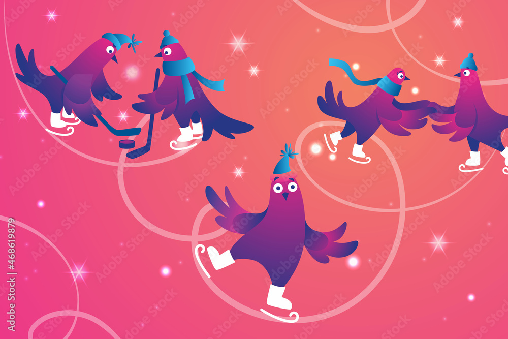 Bright Xmas web banner with funny pigeons. Christmas Festive banner. Funny characters doves in skates. Pigeons are skating on the ice rink. Holiday vector illustration.