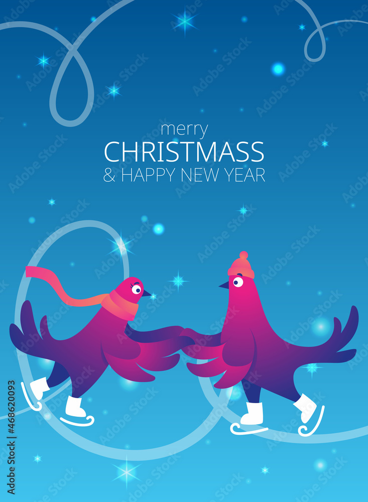 Bright Xmas poster with funny pigeons. Text 