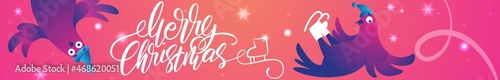 Bright Xmas web banner with funny pigeons. Handwritten lettering Merry Christmas. Funny characters doves in skates. Pigeons are skating on the ice rink. Holiday vector illustration.