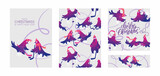 Set of modern Winter templates. Merry Christmas Holiday cards and invitations. Collection of posters, banners, cards and patterns. Funny characters doves in skates.