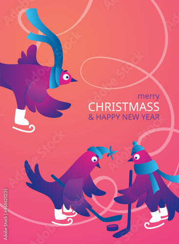 Bright Xmas poster with funny pigeons. Text "Merry Christmas". Funny characters doves in skates. Pigeons are skating on the ice rink. Holiday vector illustration.