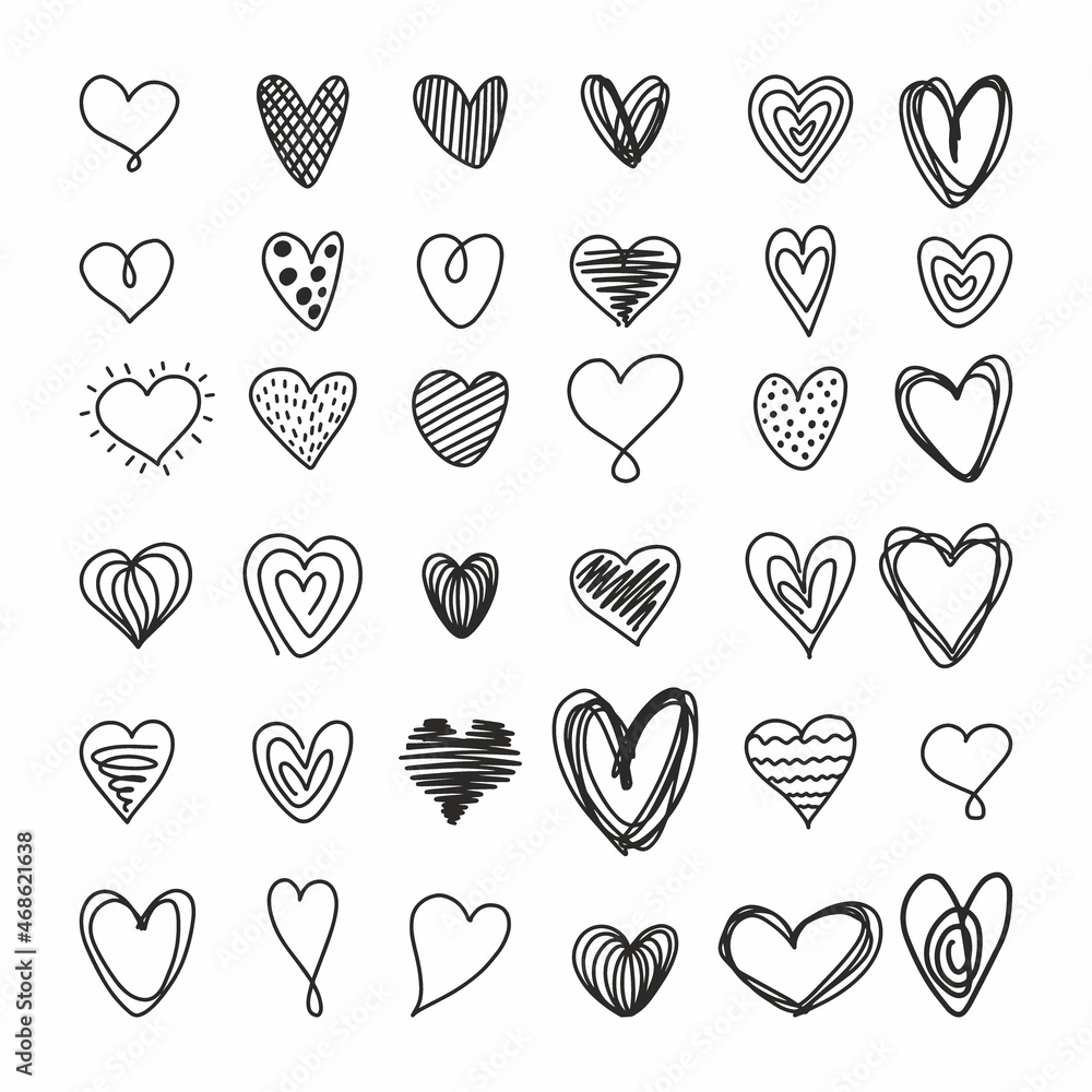 Collection of hearts drawn by hand