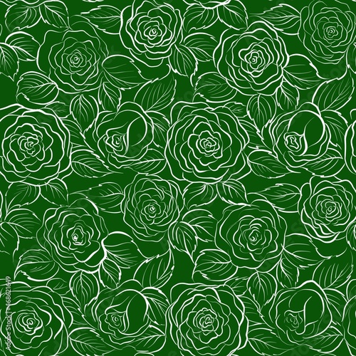 rose flowers, linear pattern seamless pattern on green background