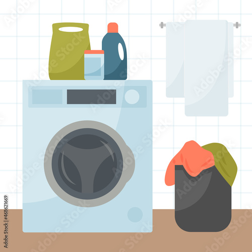 Washing machine with washing powder and detergents. Dirty laundry basket. Bathroom interior. Vector flat illustration