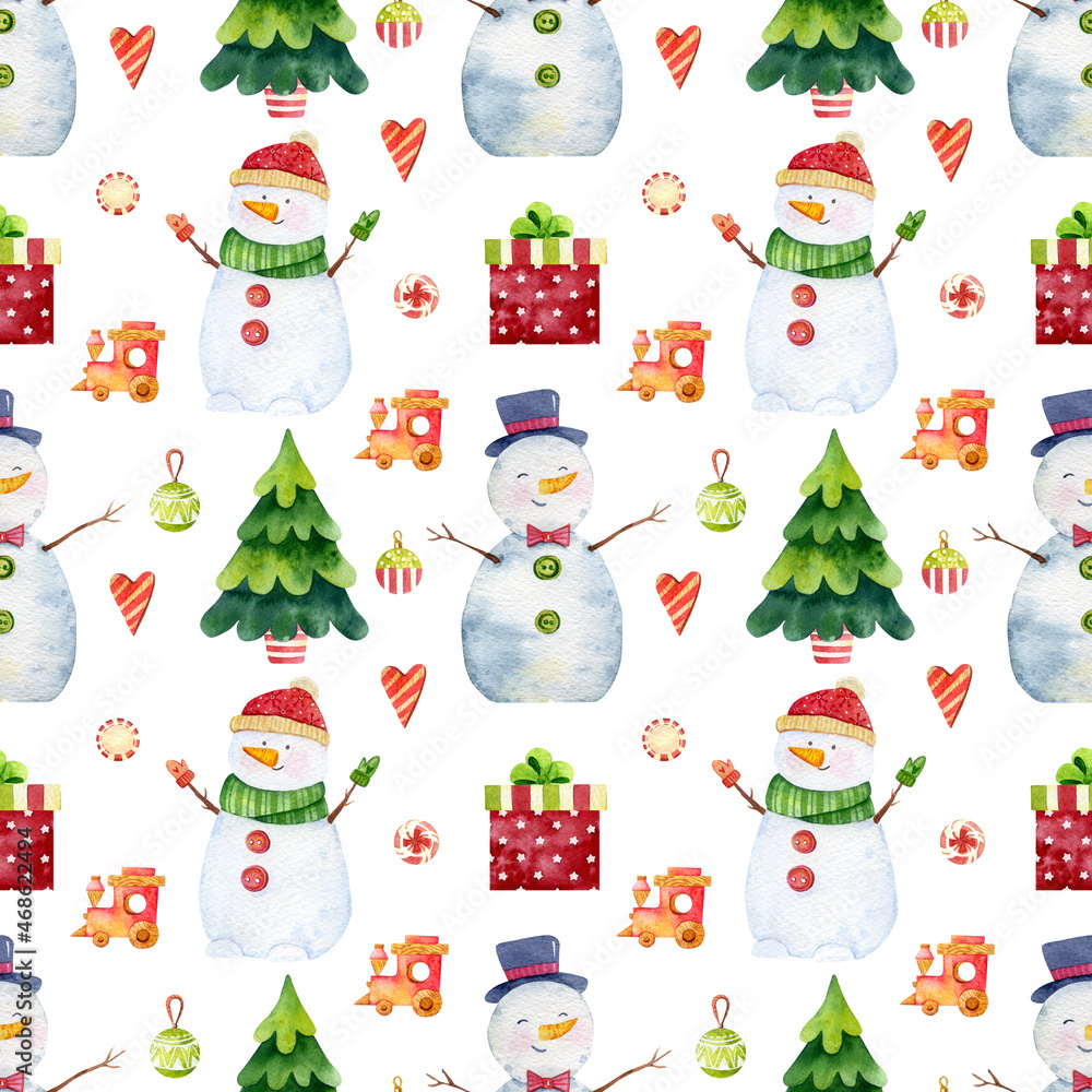 Christmas watercolor seamless pattern. Winter holidays traditional design. Snowman and Christmas tree illustrations, gift boxes, toys isolated