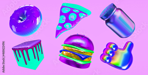 3d render sticker set creative funny stylish neon food objects. Restaurant, bars, cafes concept