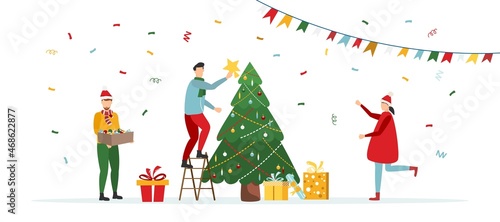 WebPeople decorate the Christmas tree. Happy family near the Christmas tree and gifts. Merry christmas. Vector illustration.