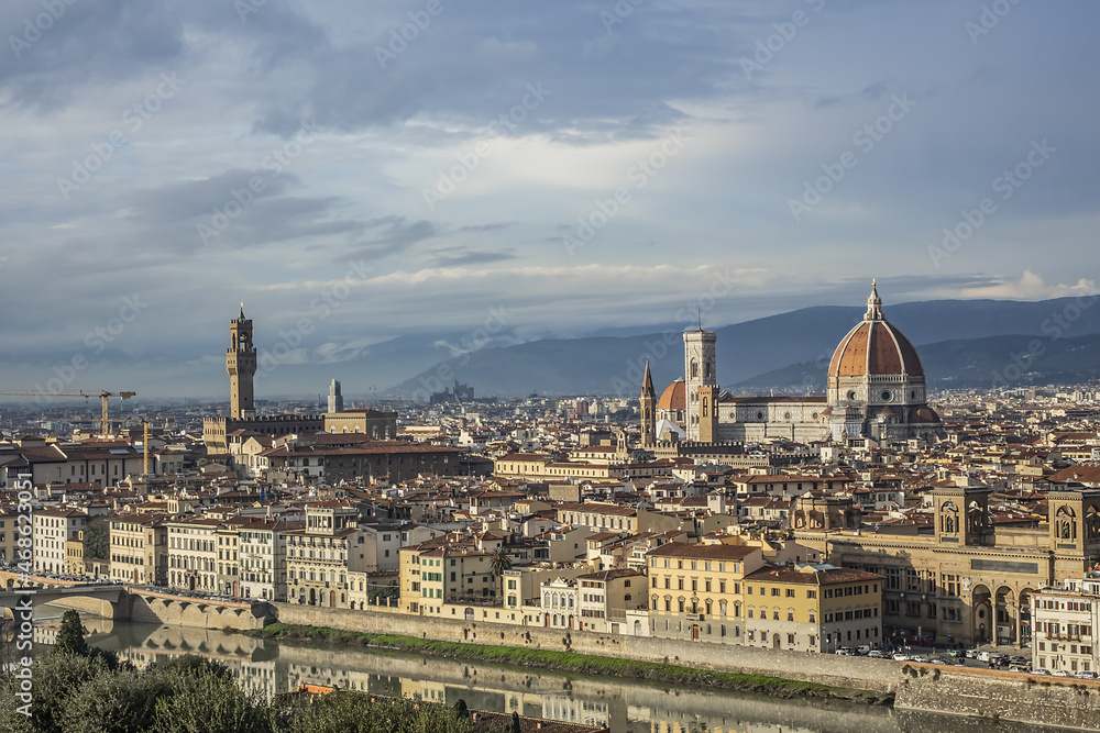 Beautiful view of Florence old town at sunset. Florence, Tuscany, Italy.