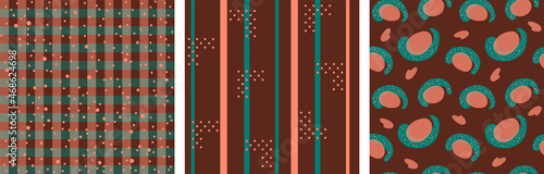 Set of Vector seamless pattern with stripes  polka dots  checkered  square  lines in terra cotta orange  emerald green color on dark brown background. Trendy color geometry. Earth palette. Cute print.