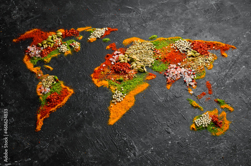Fototapeta Naklejka Na Ścianę i Meble -  Spice banner. The map of the world is made of various spices and seasonings on a dark background. Top view.