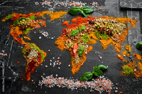 Fototapeta Naklejka Na Ścianę i Meble -  Spice banner. The map of the world is made of various spices and seasonings on a dark background. Top view.