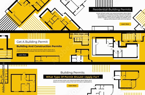Building permit landing page horizontal set vector flat illustration. House planning blueprints