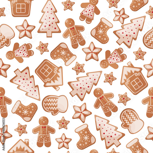 Sweet Christmas seamless pattern with the image of gingerbread cakes of various shapes. New Year gingerbread pattern for the print. Vector illustration