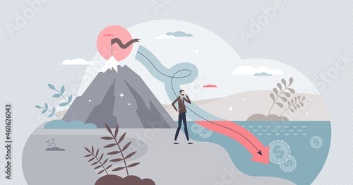 Debt accumulation and federal government budget crisis tiny person concept. National financial rate crush and bankruptcy with poverty risks in future vector illustration. Money balance plan problems.