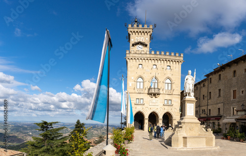 view of Liberty Square and statue with the Palazzo Pubblico in the capital of San Marino