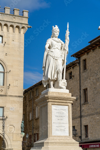 view of Liberty Square and statue with the Palazzo Pubblico in the capital of San Marino