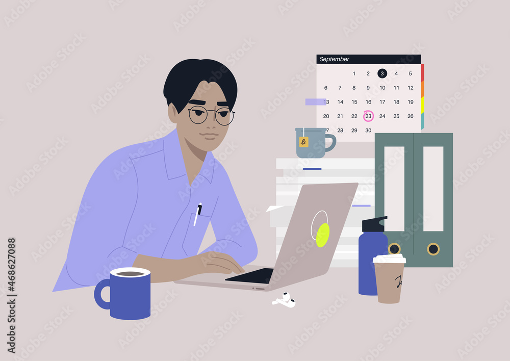 Fototapeta premium A young male Asian character focused on their work, a workplace scene, daily routine