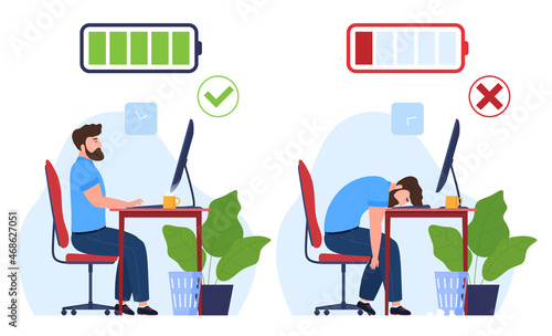 Professional burnout set vector flat illustration. Business male working at home office workplace