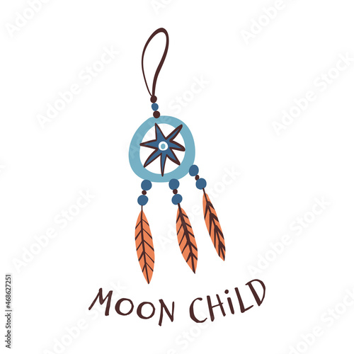 Esoteric, mystic, magical card design. Moon child text, dream catcher, lucky charm, dark magic and nightmare protector.