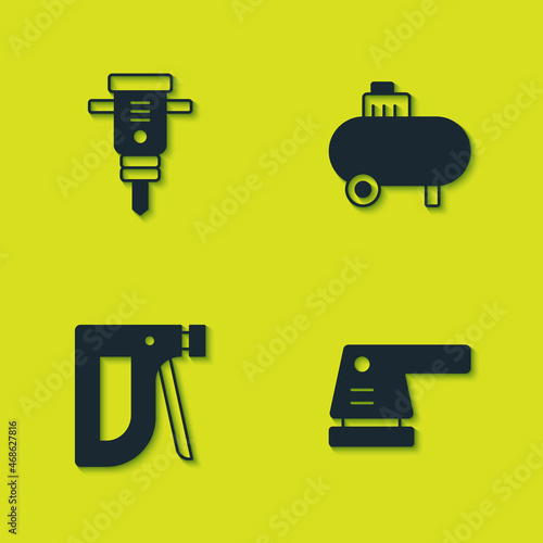 Set Construction jackhammer, Electric sander, stapler and Air compressor icon. Vector