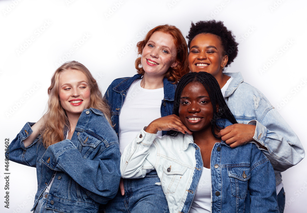 diverse multi nation girls group, teenage friends company cheerful having fun, happy smiling, cute posing isolated on white background, lifestyle people concept, african-american and caucasian