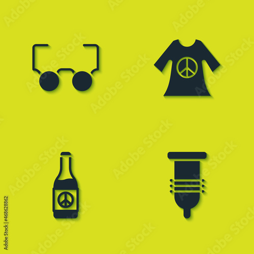 Set Glasses, Condom, Beer bottle and Peace dress print stamp icon. Vector