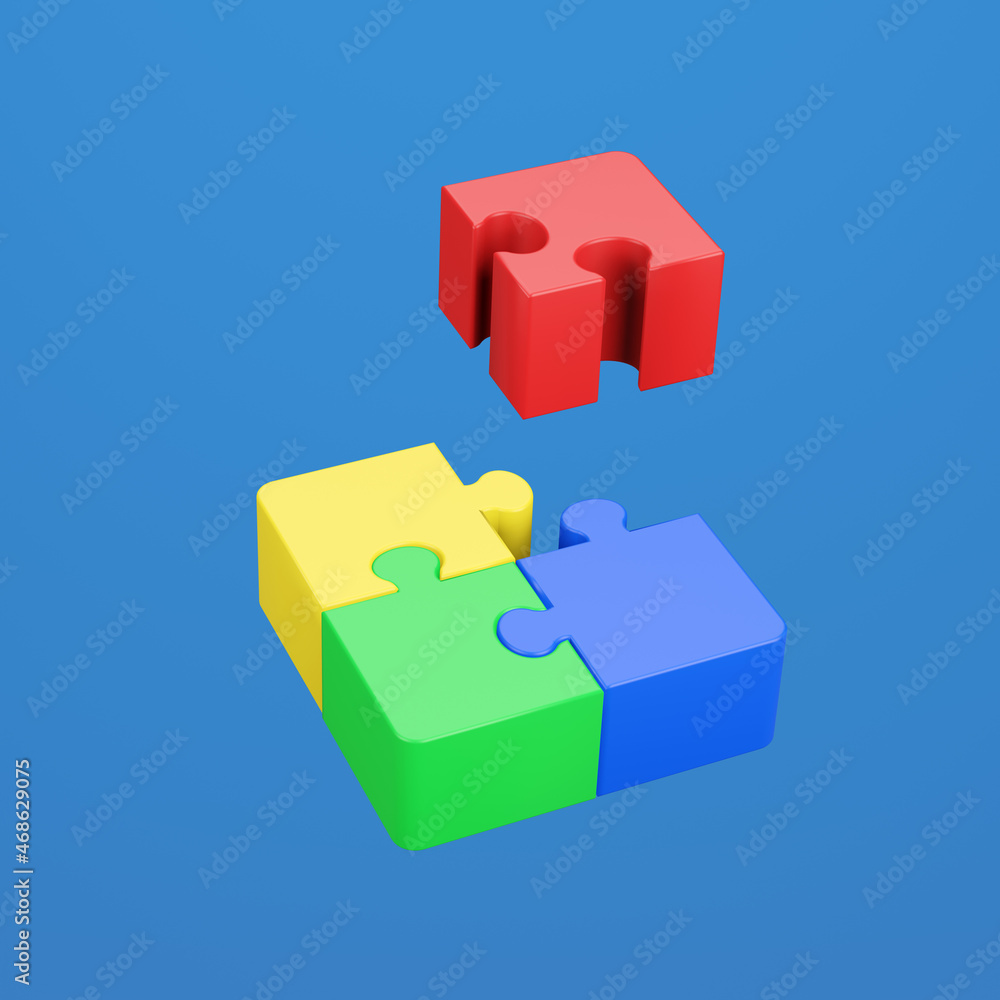 Fototapeta premium Jigsaw puzzle in action. Symbol of team work, strategy, solution, connection. Business concept. 3D render illustration. Clipping path of each element included.