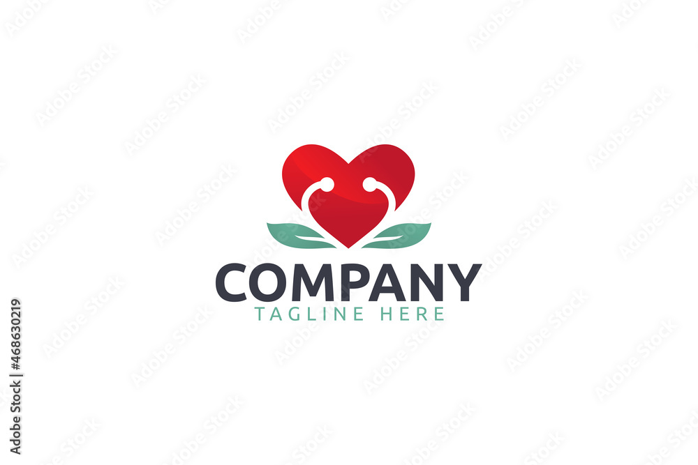 medical care logo with a combination of a heart, stethoscope and leaf as the icon.
