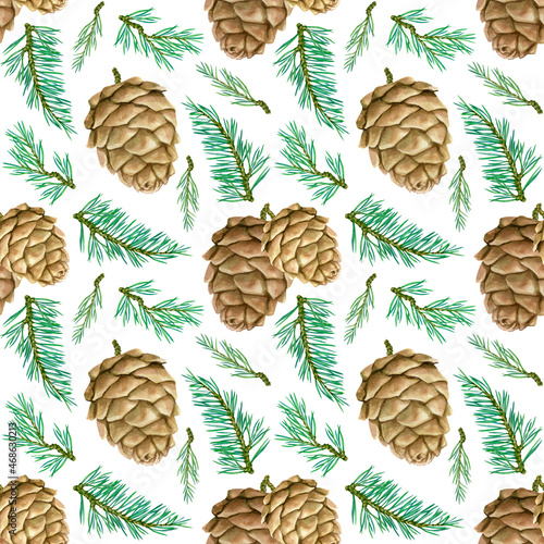 Seamless pattern with cones and coniferous twigs on isolated white background for printing  packaging  fabric  textiles  napkins. Merry Christmas. Watercolor