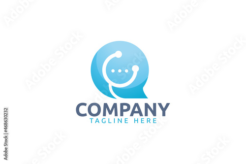 online medical logo with a combination of a stethoscope and chat or bubble as the icon.
