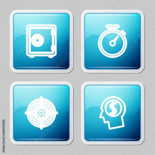 Set line Safe, Stopwatch, Target sport and Business man planning mind icon. Vector