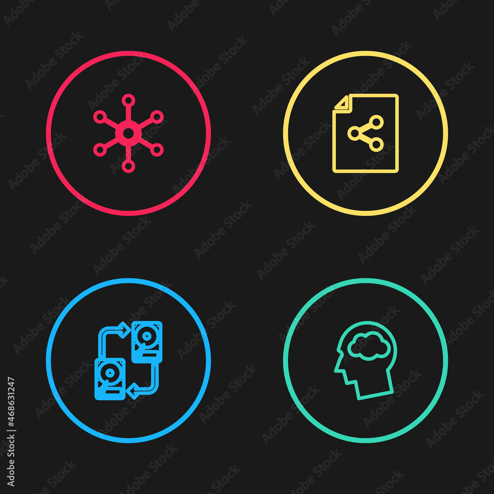 Set line Data exchange with hhd, Head silhouette cloud, Share file and Network icon. Vector Set line Data exchange with hhd, Head silhouette cloud, Share file and Network icon. Vector