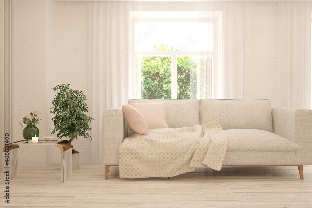 White living room with sofa and summer landscape in window. Scandinavian interior design. 3D illustration White living room with sofa and summer landscape in window. Scandinavian interior design. 3D illustration
