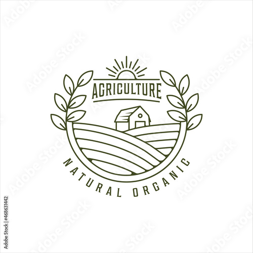 barn farm logo line art vintage vector illustration template icon graphic design. agriculture landscape view with typography
