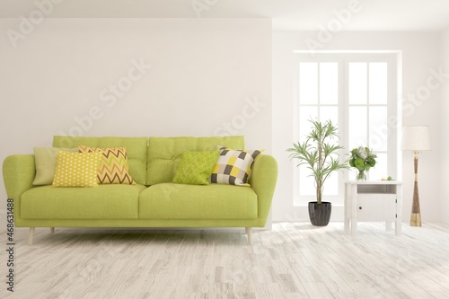 White living room with sofa. Scandinavian interior design. 3D illustration