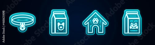 Set line Cat collar, Bag of food for dog, Dog house and paw print pet and cat. Glowing neon icon. Vector