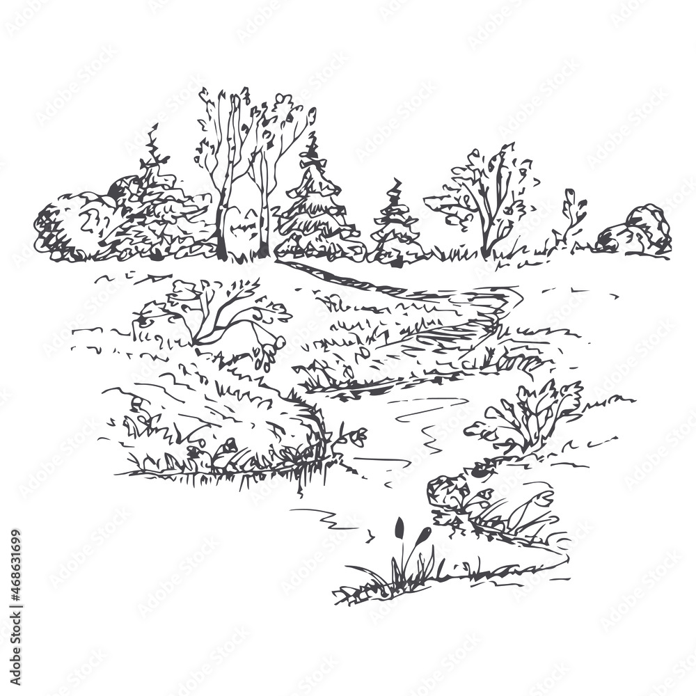 Landscape with a river and a forest. Vector hand drawn illustration.