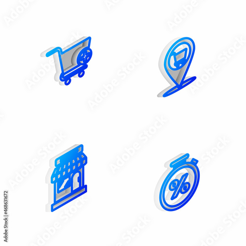 Set Isometric line Location shopping cart, Add to Shopping, Market store and Stopwatch and percent icon. Vector