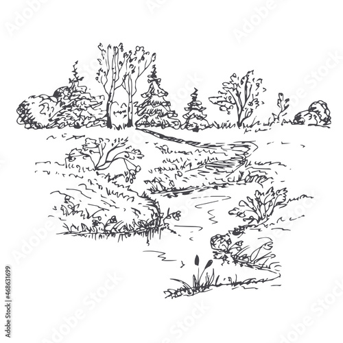 Landscape with a river and a forest. Vector hand drawn illustration.