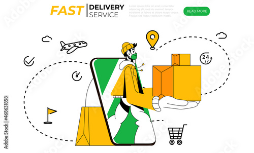 Delivery man with the box. Courier with medical mask on his face delivers package. Online delivery service banner template. Order tracking. Safe delivery during COVID-19 lockdown. Vector illustration.