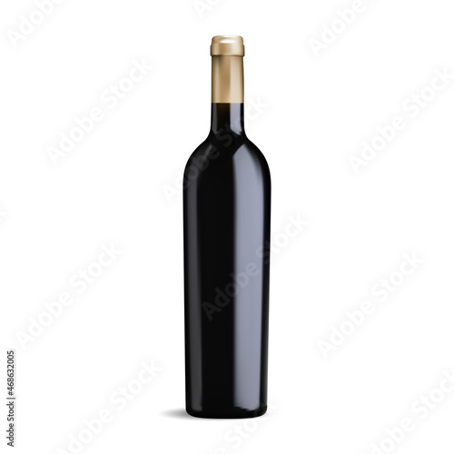 Wine bottle vector mockup. Red wine black glass bottle, bno label for design, 3d illusration. Cabernet or merlot drink, unopened winery product. Luxury and elegant burgundy vine