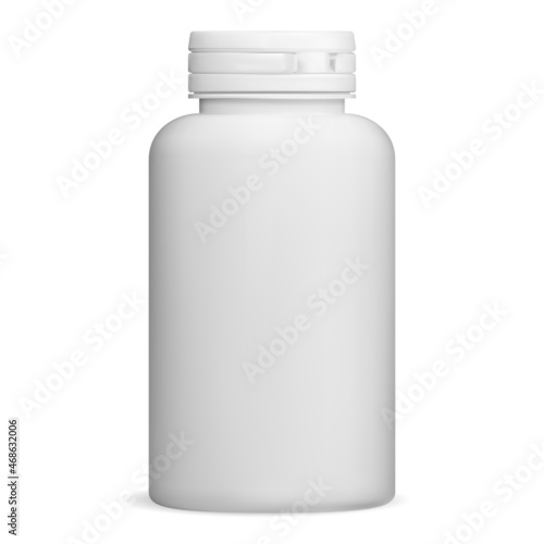 White pill bottle mockup. Supplement package blank, isolated drug container on white background. Pharmacy tablet pillbox concept design. Prescription pill jar, 3d illustration. Cure capsule can