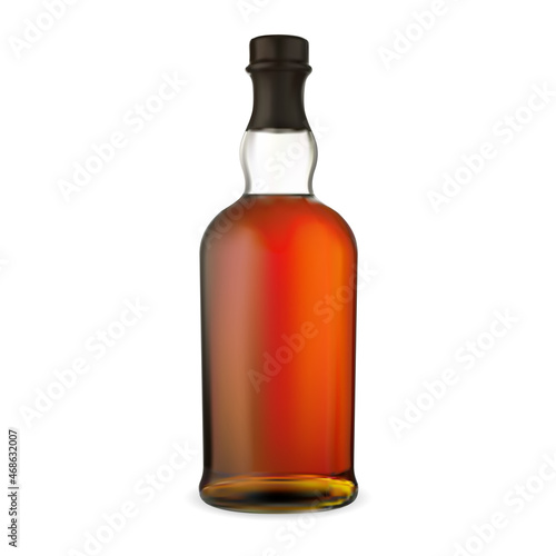 Whiskey bottle. Bourbon alcohol glass package mockup. Scotch beverage glass jar design for advertising. Realistic gold brown scottish drink with cork lid illustration isolated on white