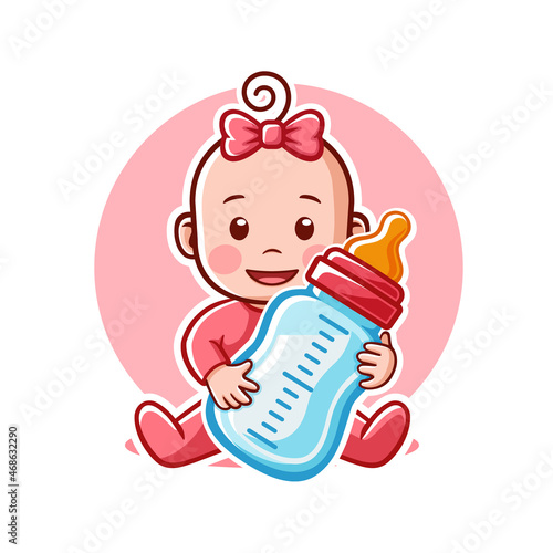 Baby girl with a milk bottle. Baby nutrition. Isolated vector illustration