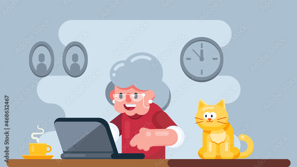 Vector illustration, flat character grandma with laptop Vector illustration, flat character grandma with laptop
