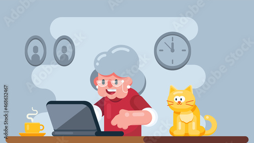 Vector illustration, flat character grandma with laptop