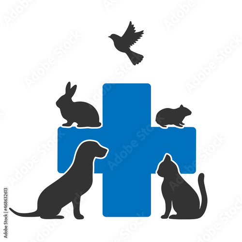 Illustration depicting pets as silhouettes against a blue cross background.