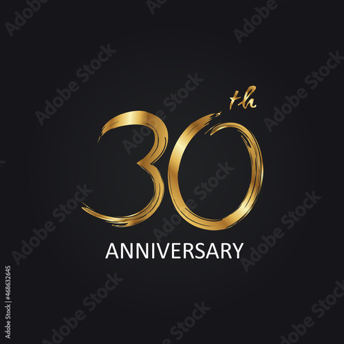 30 Years Anniversary logotype with golden colored font numbers made of brush lettering, isolated on black background for company celebration event, birthday