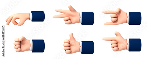 Set of cartoon 3d hands. Vector cartoon hand gestures isolated on white background.