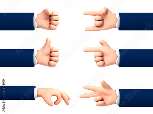 Set of cartoon 3d hands. Vector cartoon hand gestures isolated on white background.